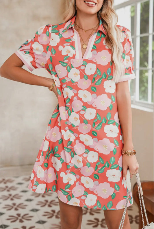 Floral Stripe Collared T-shirt Summer Dress