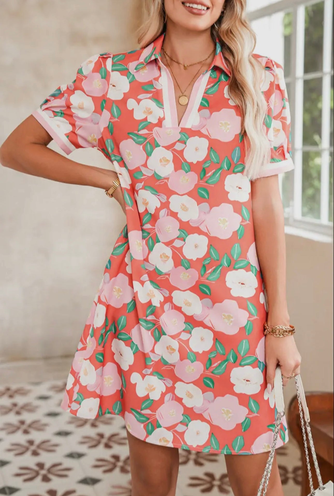 Floral Stripe Collared T-shirt Summer Dress