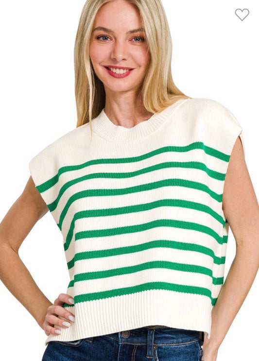 Oversized Crew Neck Stripe Sweater Vest- Kelly Green