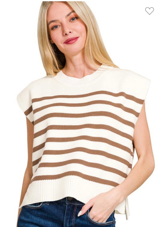 Oversized Crew Neck Stripe Sweater Vest - Mocha